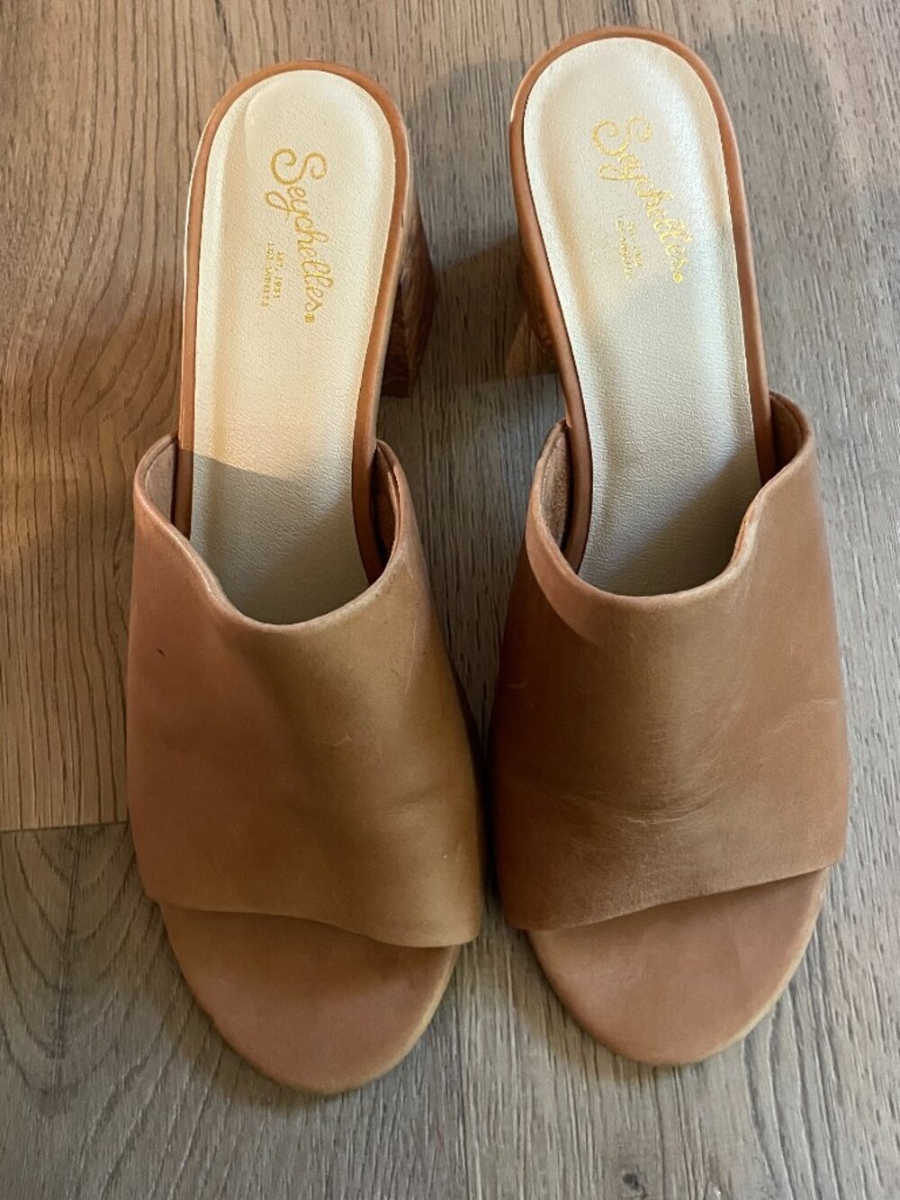 Seychelles Women's Brown Leather Open Toe Mules Snakeskin Block Heel 8.5!